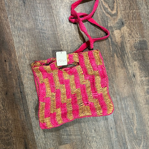 Free People Handbags - Free People Hot Pink and Tan Straw Crossbody Bag
